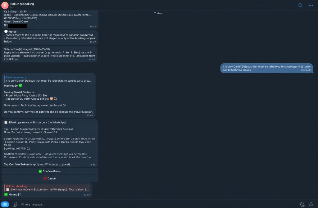 Rebooking Agent demo (confirm, then execute rebooking in Bokun).