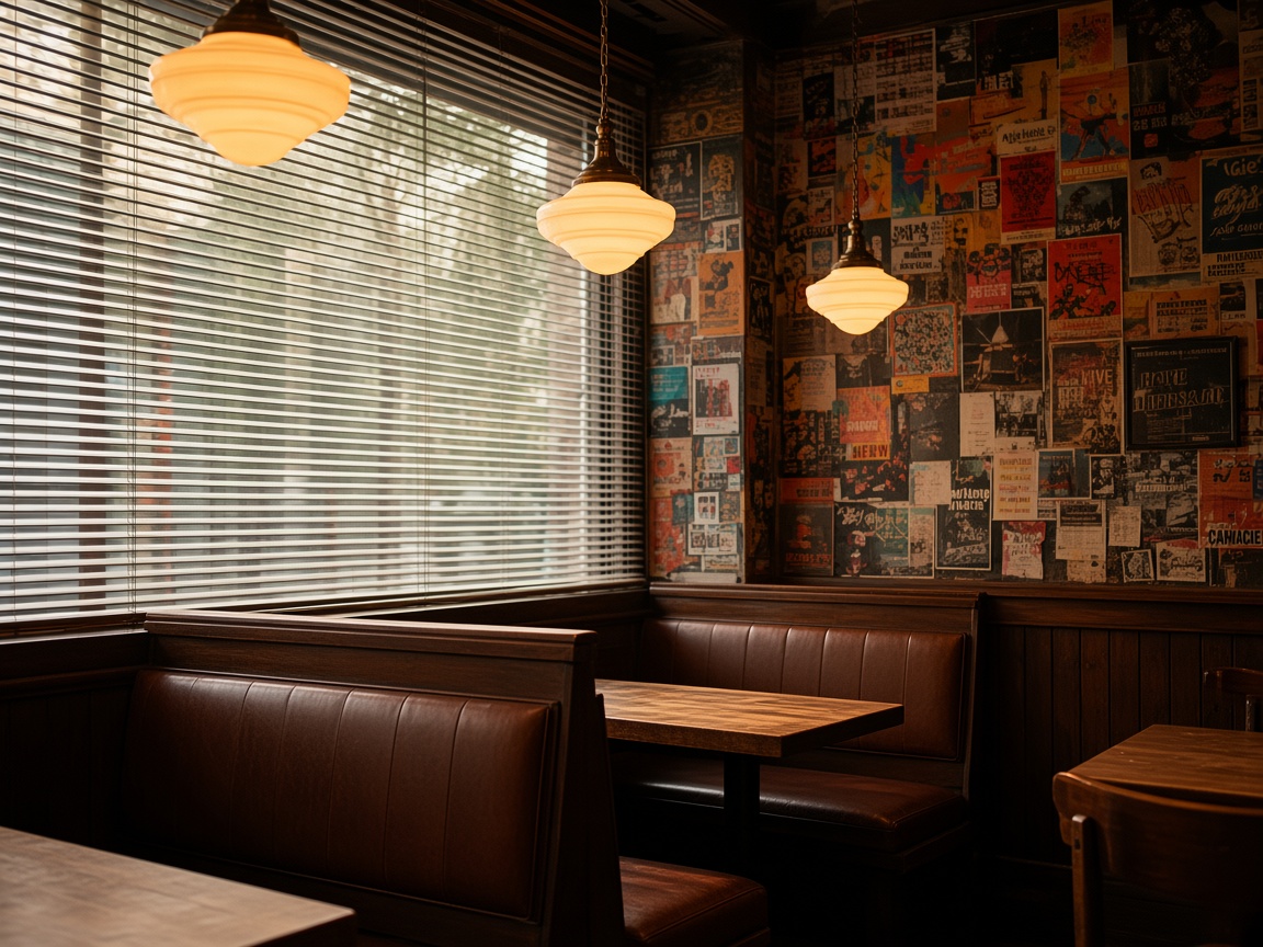 A restaurant booth with poster-covered walls