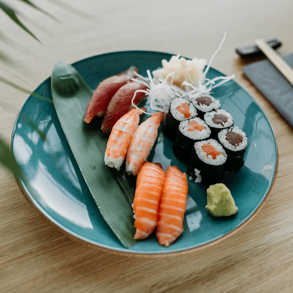 Sushi on a teal plate