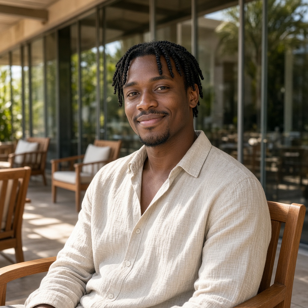 A creator on a sunny hotel patio