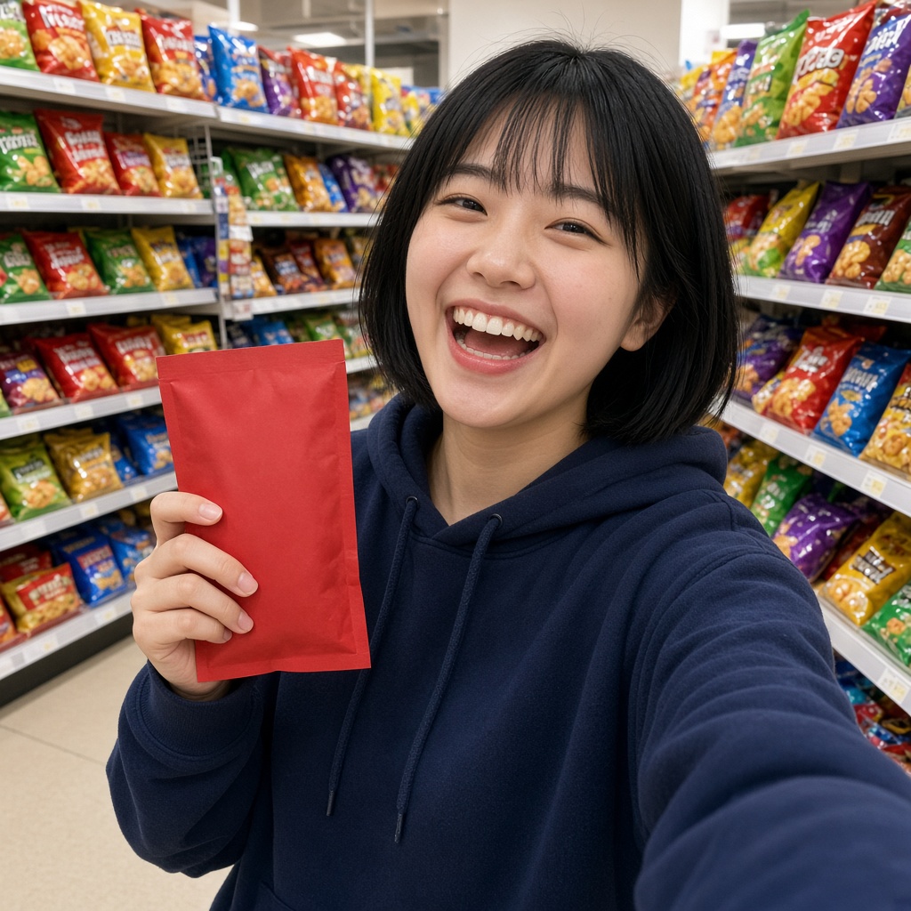 A creator holding a snack in a shop